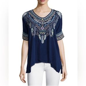 Johnny Was Xander Blue Short-Sleeve Embroidered Poncho Top.
